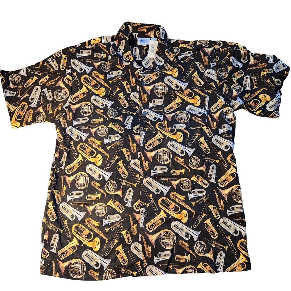 Disneyland Resort Shirt Mens XL Musical Instrument Jazz Band Button Up Print